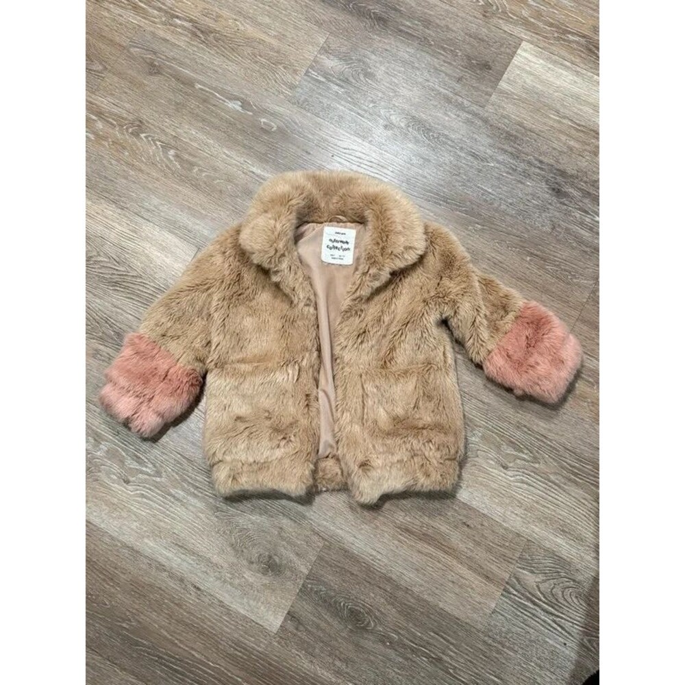 ZARA Girls Outerwear Collection Faux Fur Coat Jacket Tan Pink Colorblock Size 5